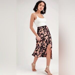 Free People Retro Love Black Floral Print Button Front Midi Skirt